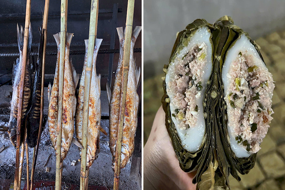 A rustic meal featuring grilled lake fish and ant egg cakes served family-style